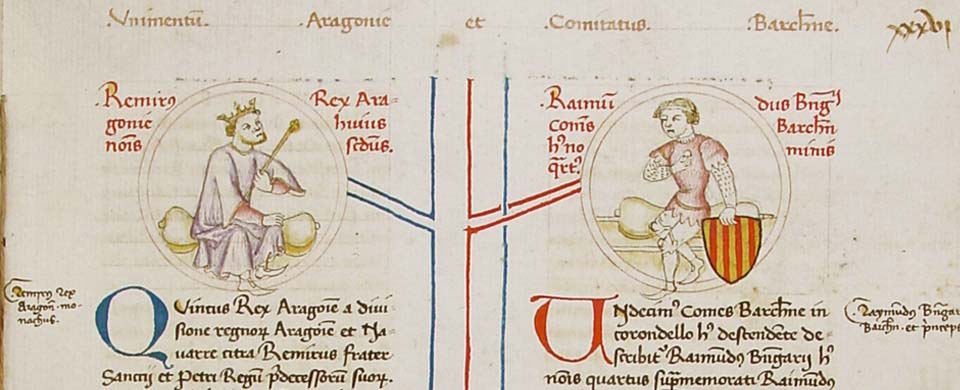 Diseny gràfic amb una imatge del foli 34r. del manuscrit Genealogies dels comtes de Barcelona