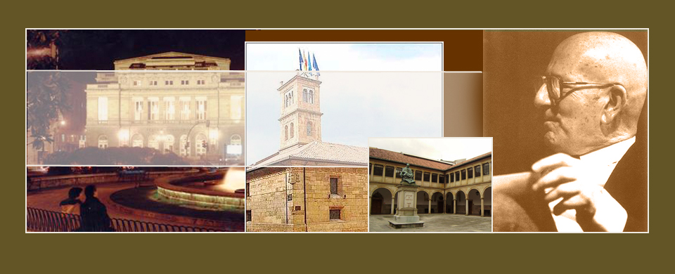 Imagen con montaje fotográfico a color de retrato de José María Martínez Cachero y varios edificios de la ciudad de Oviedo.