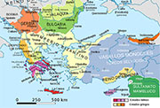 Mapa del Imperio Bizantino hacia 1265.