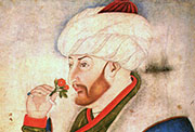Sultán Mehmed II (1432-1481), pintura otomana del siglo XV, en «Sarai album», Hazine 2153, folio 10a. Estambul.