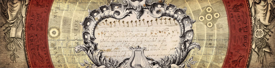 Composición pictórica compuesta por un grabado de temática musical con fondo de partituras manuscritas.