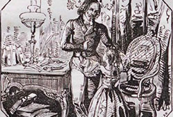 Xilografía, dibujada por Ferrán y grabada por Batanero que recrea a Mariano José de Larra momentos antes de suicidarse. En el «Observatorio pintoresco», núm. 13, 30 de julio de 1837