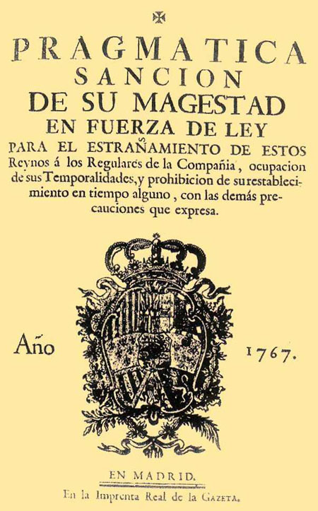 Portada de la  Pragmática  (1767) de Carlos  III  estableciendo la expulsión de los jesuitas en los  dominios de la Monarquía hispánica.