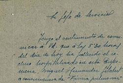 Documento manuscrito de la defunción de Miguel Hernández.