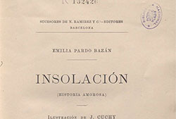 Portada de «Insolación (Historia amorosa)», Barcelona, Imprenta de los Sucesores de N. Ramírez y C.ª, 1889 (Fuente: Biblioteca Digital Hispánica).