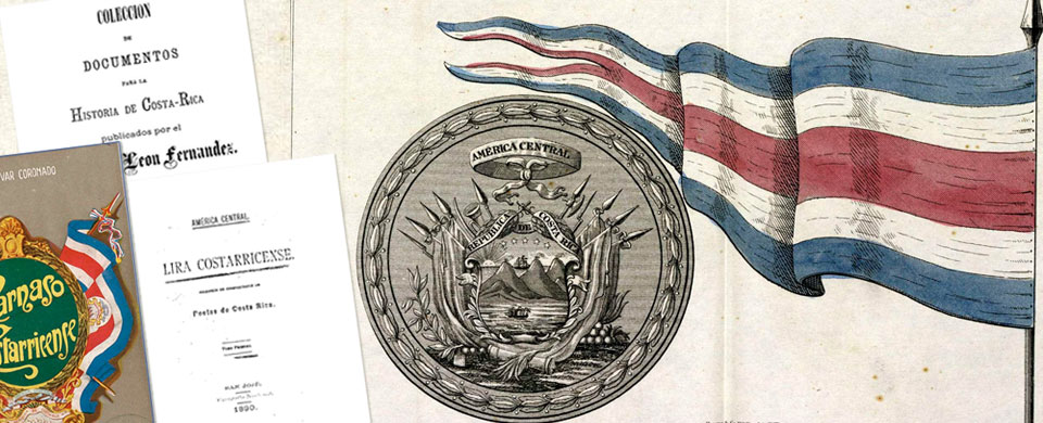 Montaje fotográfico a color con varias portadas de libros de tema costarricense y un grabado antiguo con el escudo y la bandera de Costa Rica.