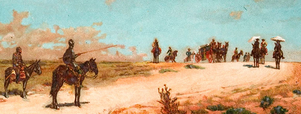 Grabado 'Don Quijote se encuentra con los frailes de San Benito' de José Moreno Carbonero recogido en el Episodio del vizcaíno, I, 8, 'El ingenioso hidalgo Don Quijote de la Mancha', Barcelona, F. Seix, 1898.