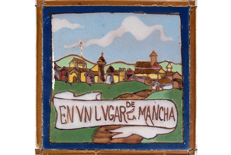 Azulejo de temática quijotesca en la antigua fonda de la estación.
