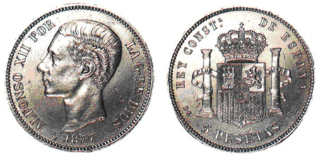  Anverso y reverso de una moneda con la efigie de Alfonso  XII . 