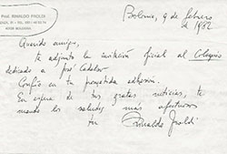 Carta de invitación de Rinaldo Froldi a David Gies, invitándole al Coloquio internacional sobre José Cadalso. 9 de febrero de 1982. Fuente: por gentileza de David Gies.