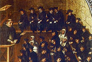 Salamanca. Universidad. Martín de Cervera, siglo XVII. Versión pictórica de un aula antigua del Estudio salmantino con alumnos carmelitas.