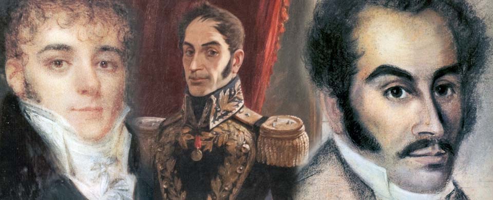 Imagen con montaje fotográfico de tres retratos a color de Simón Bolívar adolescente, joven y adulto.