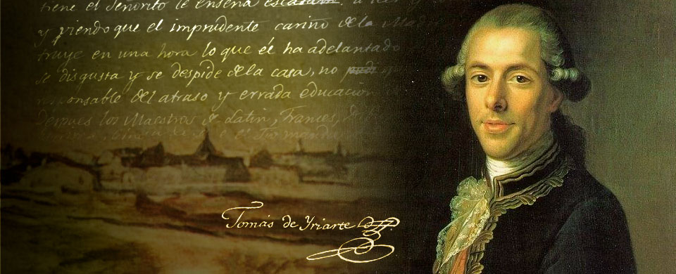 Imagen con montaje fotográfico de retrato de Tomás de Iriarte con un manuscrito, su firma y un fragmento de la Pradera de San Isidro de Goya.