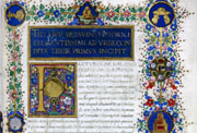 Livi, Tit. "Titi Livii patavini Ab urbe condita" [Manuscrit]. [Florència], [entre 1470 i 1486], f. 2r. Orla miniada amb diversos emblemes, motius florals, joies i escut dels Sobirans de Nàpols. Caplletra ornada F.