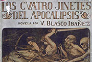 Cubierta de la obra <em>Los cuatro jinetes del Apocalipsis</em> (novela), de Vicente Blasco Ibáñez. Editorial Prometeo, Valencia, cop. 1919.