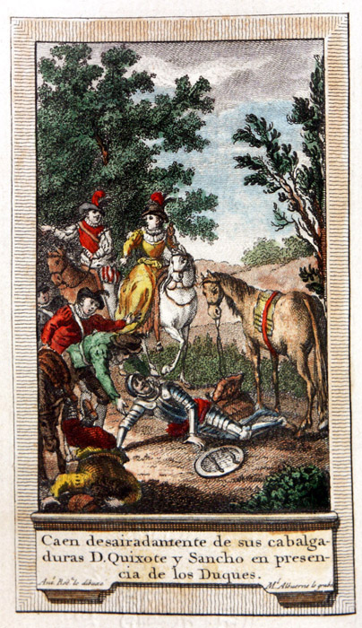Caen desairadamente de sus cabalgaduras D. Quixote y Sancho en presencia de los Duques.