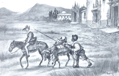 ...Don Quijote desarmado y de camino, Sancho á pie, por ir el rucio cargado con las armas.
