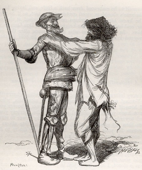 The tattered knight drew back a little, and, laying his hands on Don Quixote's shoulders, stood contemplating him, as if to ascertain whether he [...]