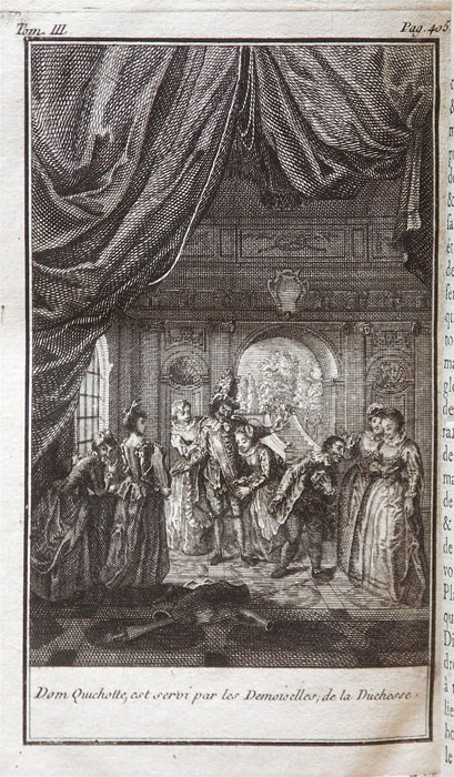 Dom Quichotte, est servi par les Demoiselles, de la Duchesse.