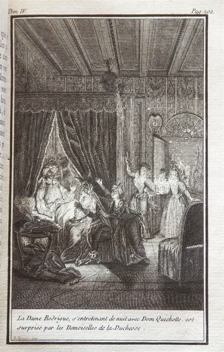 La Dame Rodrigue, s'entretenant de nuit avec Dom Quichotte, est surprise par les Demoiselles de la Duchesse.