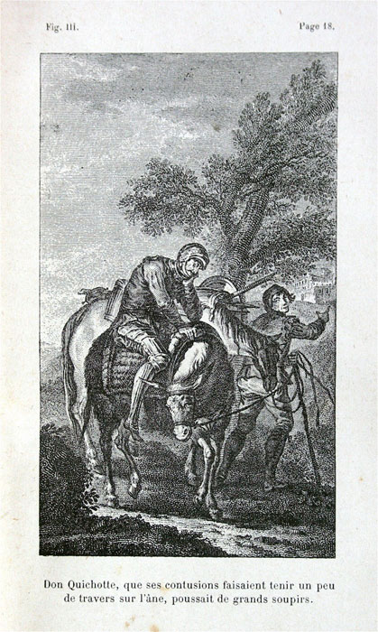 Don Quichotte, que ses contusions faisaient tenir un peu de travers sur l'âne, poussait de grands soupirs.