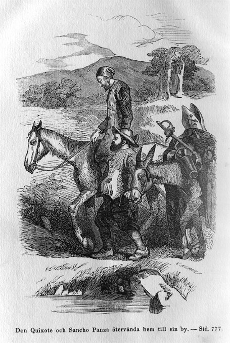 Don Quixote och Sancho Panza atervända hem till sin by.