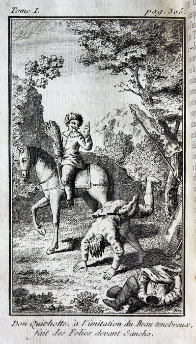 Don Quichotte, à l'imitation du Beau tenebreux, fait des Folies devant Sancho.