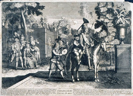 Malanbrun envoya a Don Quichotte par quatre sauvages un Cheval de bois nommé Chevillard, D. Quichotte et Sancho montérent dessus pour aller (...)