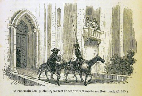 Le lendemain don Quichotte, couvert de ses armes et monté sur Rossinante.
