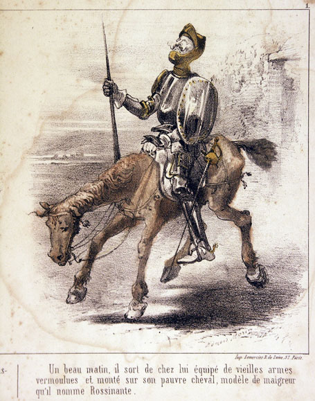 Un beau matin, il sort de chez lui équipé de vieilles armes vermoulues et monté sur son pauvre cheval, modèle de maigreur qu'il nomme Rossinante.