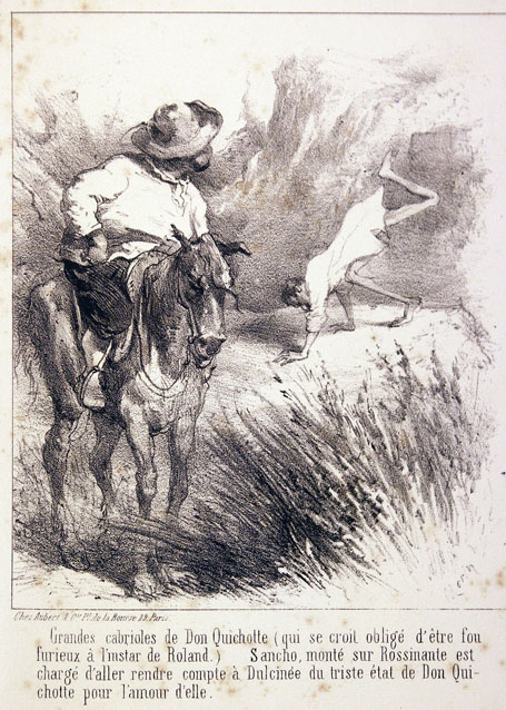 Grandes cabrioles de Don Quichotte (qui se croit obligé d'être fou furieux à l'instar de Roland.) Sancho, monté sur Rossinante est chargé d'aller[...]