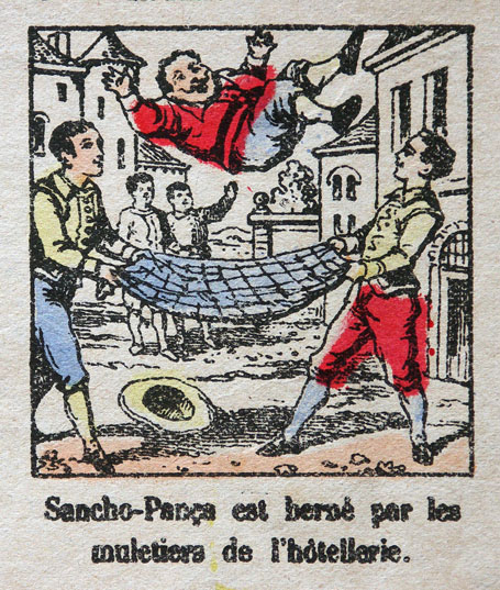 Sancho-Pança est berné par les muletiers de l'hôtellerie.