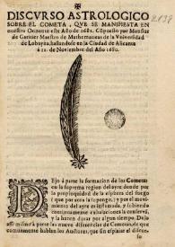 Discurso astrologico sobre el cometa, que se manifiesta en nuestro orizonte este año de 1681