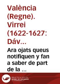 Ara ojats queus notifiquen y fan a saber de part de la S.C.R. Magestad. E per aquella De part del ... señor Don Henrique de Auila y Guzman Marques...
