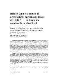 Ramón Llull y la crítica al aristotelismo parisino de finales del siglo XIII: en torno a la cuestión de la pluralidad