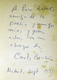 Dedicatoria de Carlos Bousoño en un ejemplar de su libro 'Oda en la ceniza'