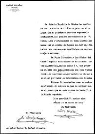 Carta del Presidente José Sánchez Ramos y del Secretario José Viroso a Rafael Altamira. México, 26 de enero de 1910