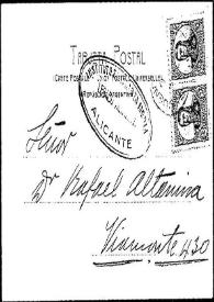 Tarjeta postal de [A. V. Celanes] a Rafael Altamira. [S.l., septiembre] de 1909