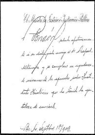 Tarjeta del Ministro de Justicia e Instrucción Pública a Rafael Altamira. Buenos Aires, 18 de septiembre de 1909