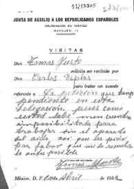 Tarjeta de visita de Tomás Yuste solicitando ser recibido por Carlos Esplá. México, 14 de abril de 1942