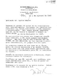 Carta del Sr. M. David Thau, Optometrista de New York, recomendando a Carlos Esplá para realizar una revisión ocular, 1 de febrero 1960