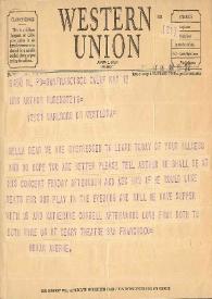 Telegrama dirigido a Aniela Rubinstein. San Francisco, California (Estados Unidos), 14-05-1947