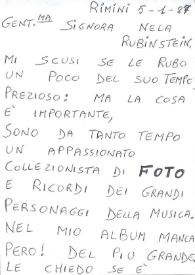 Carta dirigida a Aniela Rubinstein. Rimini (Italia), 05-01-1987