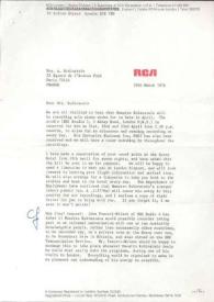 Carta dirigida a Aniela Rubinstein. Londres (Inglaterra), 29-03-1976