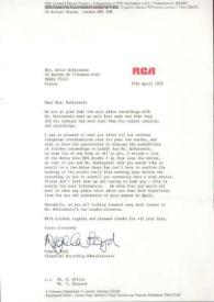 Carta dirigida a Aniela Rubinstein. Londres (Inglaterra), 27-04-1976