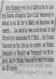Artur (Arthur) Rubinstein won't be in California for the Academy awards althoug his 'love of life'...