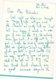 Carta dirigida a Aniela Rubinstein. Tel Aviv (Israel), 20-02-1972