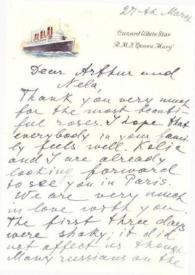 Carta dirigida a Aniela y Arthur Rubinstein. R.M.S. Queen Mary