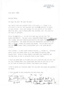 Carta dirigida a  Aniela Rubinstein. Antibes (Francia), 23-04-1988