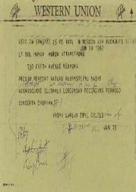 Telegrama dirigido a Sol Hurok para Arthur Rubinstein. Moscú (Rusia), 15-06-1962